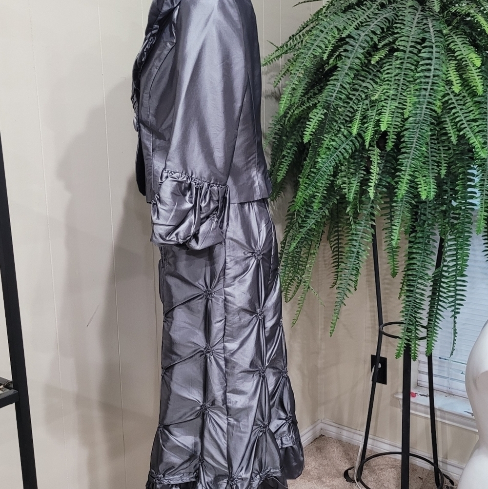 Nubiano Silver Gray Elegant 2-Piece Dress Suit Set Sz 8 Textured Midi Skirt - Picture 6 of 15